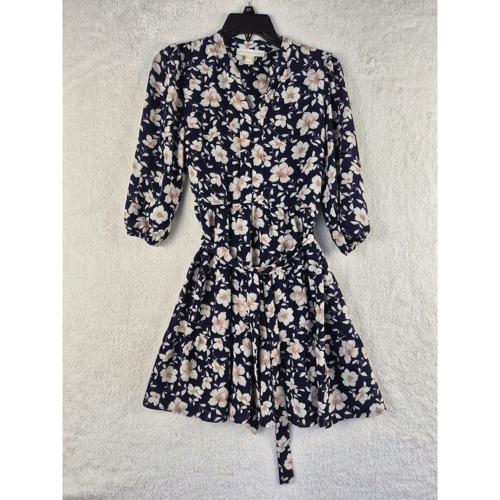Monteau Los Angeles Navy Floral Tiered Mini Dress V-Neck 3/4 Sleeve Small